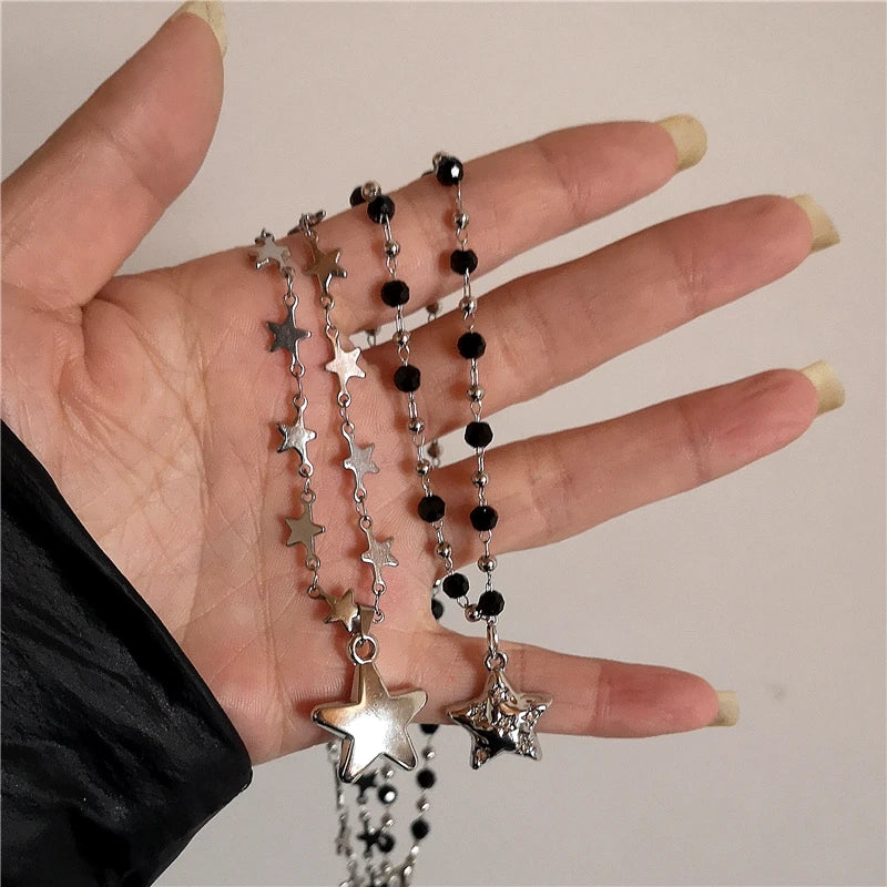 Kpop Cool Punk Vintage Star Pendant Chains Necklace for Men Women Egirl Hip Hop 90S Grunge Aesthetic EMO Jewelry Y2K Accessories