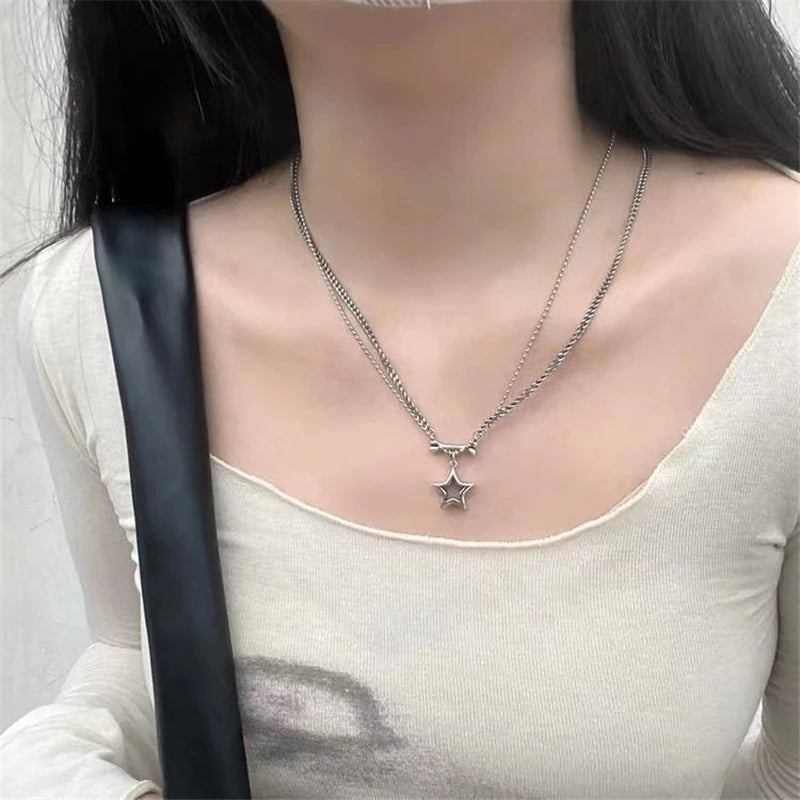 Kpop Cool Punk Vintage Star Pendant Chains Necklace for Men Women Egirl Hip Hop 90S Grunge Aesthetic EMO Jewelry Y2K Accessories